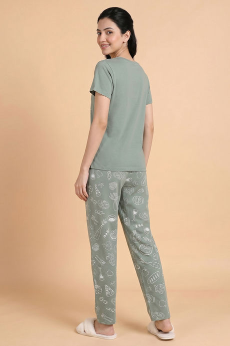Zivame Breakfast Story Knit Cotton Pyjama Set - Iceberg Green — image 3